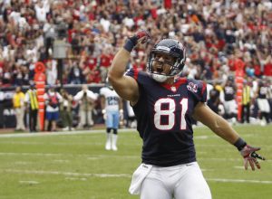 houston texans tight end owen daniels celebrates after scoring a touchdown against the tennessee titans in the second half of their nfl football game in houston september 30 2012